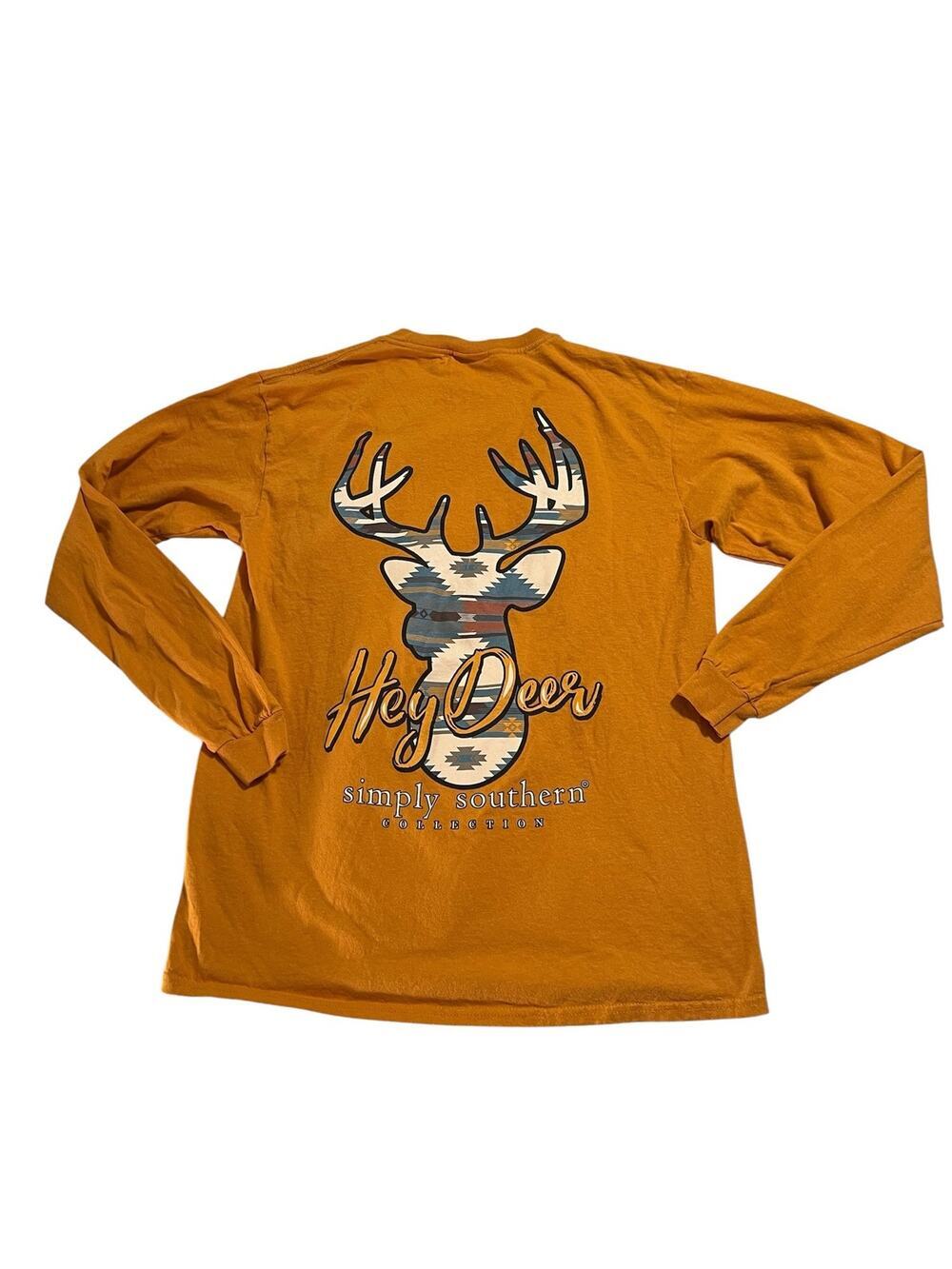 SIMPLY SOUTHERN Curry "Hey Deer" Long Sleeve 100% Cotton T Shirt Size M